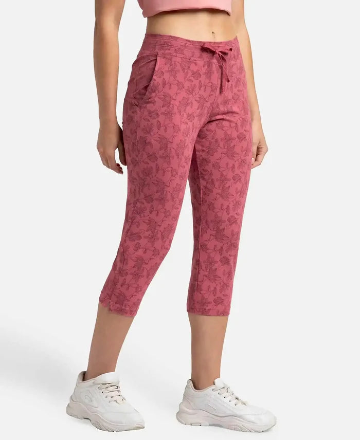 Super Combed Cotton Elastane Stretch Slim Fit Printed Capri with Side Pockets - Rosewine Print-2