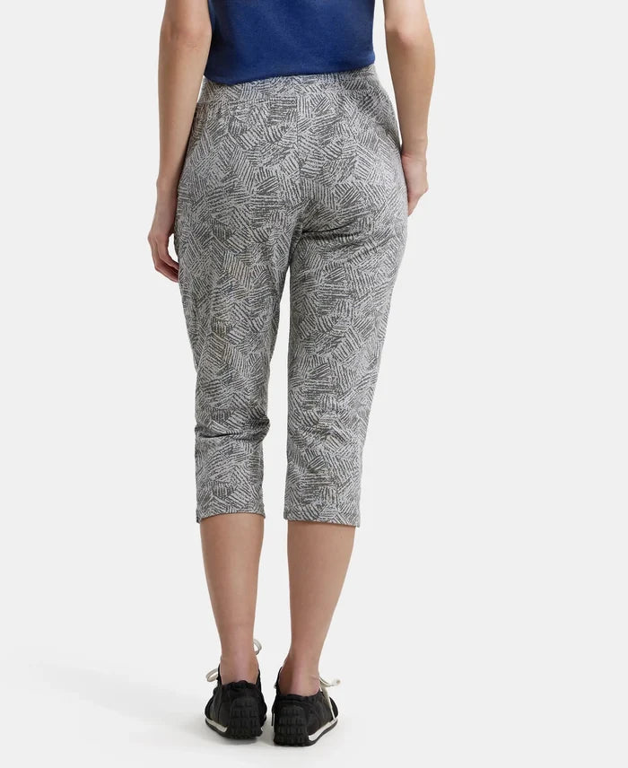 Super Combed Cotton Elastane Slim Fit Printed Capri with Side Pockets - Light Grey Melange Printed-3
