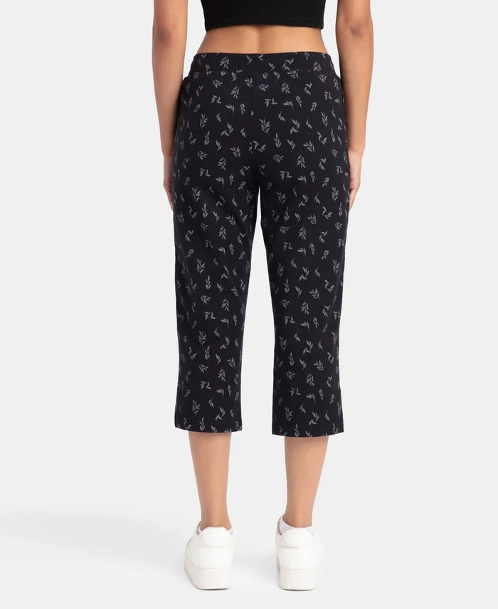Super Combed Cotton Elastane Stretch Slim Fit Printed Capri with Side Pockets - Black Printed