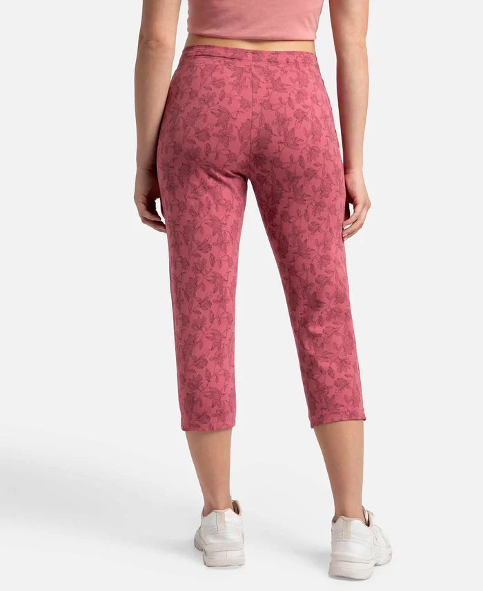 Super Combed Cotton Elastane Stretch Slim Fit Printed Capri with Side Pockets - Rosewine Print-3
