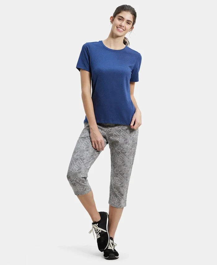Super Combed Cotton Elastane Slim Fit Printed Capri with Side Pockets - Light Grey Melange Printed-4