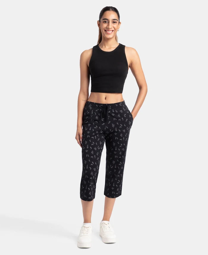 Super Combed Cotton Elastane Stretch Slim Fit Printed Capri with Side Pockets - Black Printed