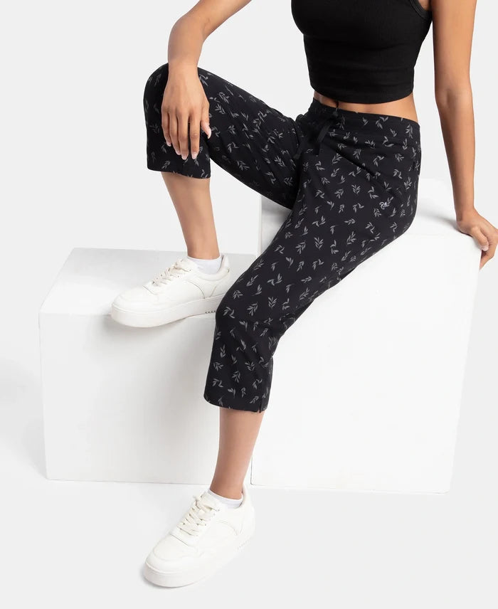 Super Combed Cotton Elastane Stretch Slim Fit Printed Capri with Side Pockets - Black Printed
