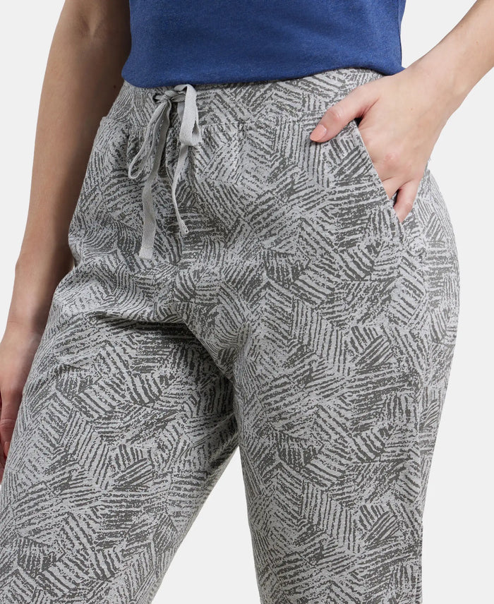 Super Combed Cotton Elastane Slim Fit Printed Capri with Side Pockets - Light Grey Melange Printed-7