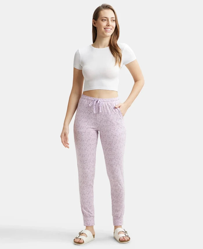 Super Combed Cotton Relaxed Fit Cuffed Hem Styled Printed Pyjama With Side Pockets - Pastel Lilac-6