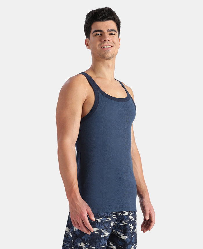 Super Combed Cotton Rib Square Neck Gym Vest - Dark Denim Melange & Navy