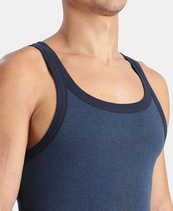Super Combed Cotton Rib Square Neck Gym Vest - Dark Denim Melange & Navy