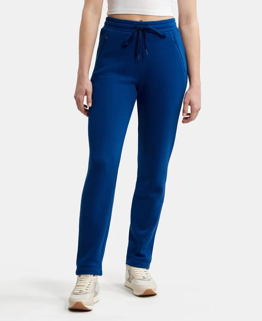Super Combed Cotton Rich Fleece Fabric Straight Fit Trackpants with Zipper Pockets - Navy Peony
