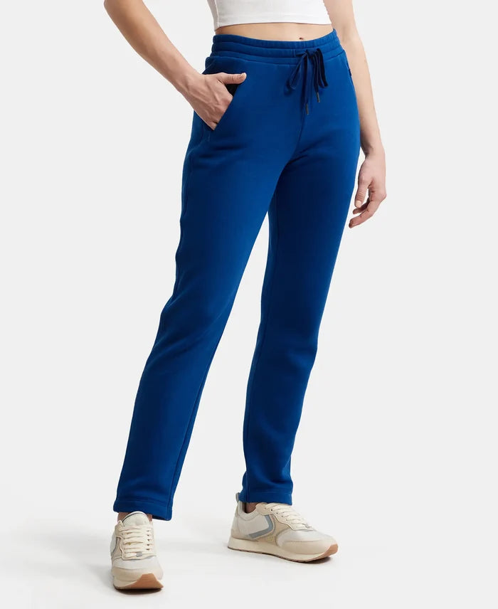 Super Combed Cotton Rich Fleece Fabric Straight Fit Trackpants with Zipper Pockets - Navy Peony