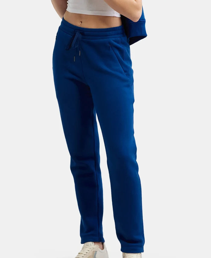 Super Combed Cotton Rich Fleece Fabric Straight Fit Trackpants with Zipper Pockets - Navy Peony