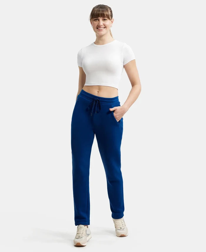 Super Combed Cotton Rich Fleece Fabric Straight Fit Trackpants with Zipper Pockets - Navy Peony