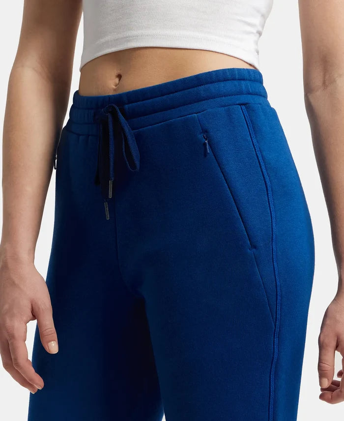 Super Combed Cotton Rich Fleece Fabric Straight Fit Trackpants with Zipper Pockets - Navy Peony