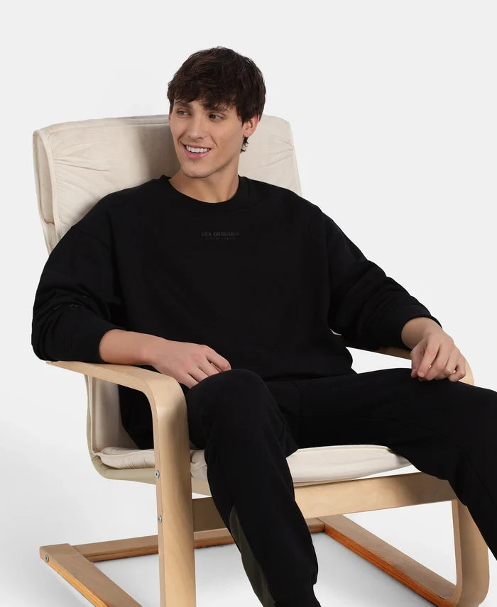 Super Combed Cotton Rich Graphic Print Fleece Sweatshirt with StayWarm Technology - Black
