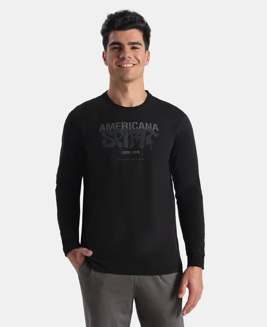 Super Combed Cotton Rich Graphic Printed Round Neck Full Sleeve T-Shirt - Black New