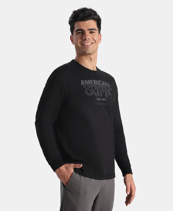 Super Combed Cotton Rich Graphic Printed Round Neck Full Sleeve T-Shirt - Black New