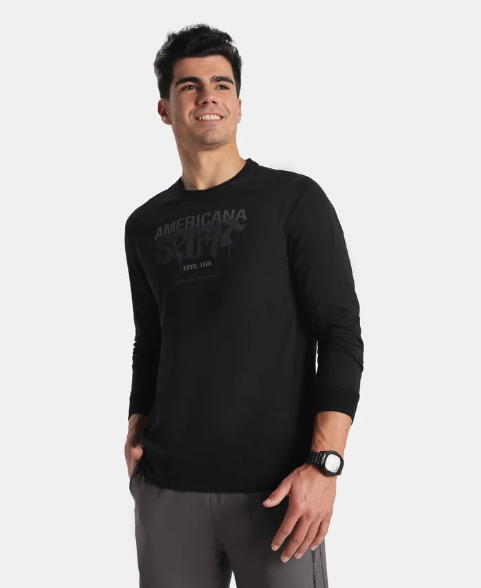 Super Combed Cotton Rich Graphic Printed Round Neck Full Sleeve T-Shirt - Black New