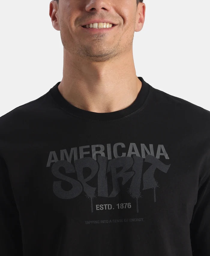 Super Combed Cotton Rich Graphic Printed Round Neck Full Sleeve T-Shirt - Black New