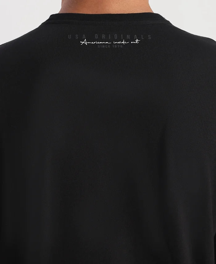 Super Combed Cotton Rich Graphic Printed Round Neck Full Sleeve T-Shirt - Black New