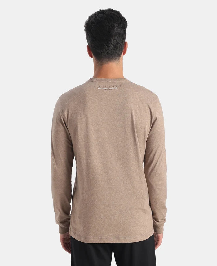 Super Combed Cotton Rich Graphic Printed Round Neck Full Sleeve T-Shirt - Brownie Melange