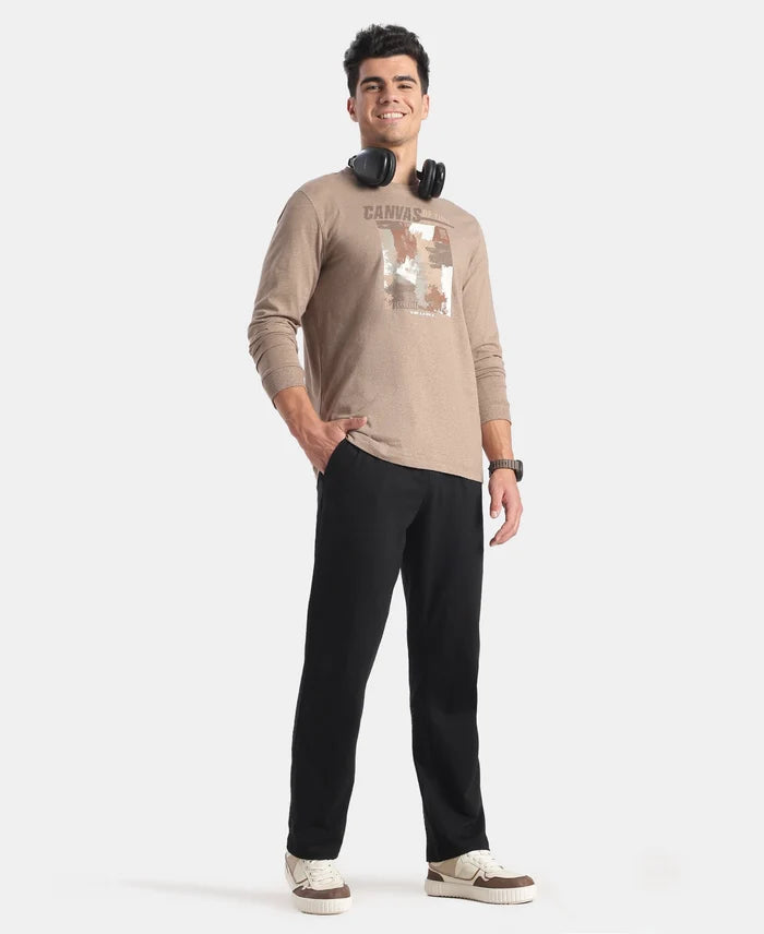 Super Combed Cotton Rich Graphic Printed Round Neck Full Sleeve T-Shirt - Brownie Melange