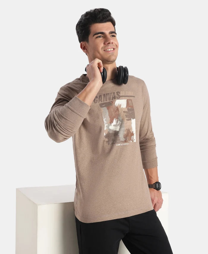 Super Combed Cotton Rich Graphic Printed Round Neck Full Sleeve T-Shirt - Brownie Melange