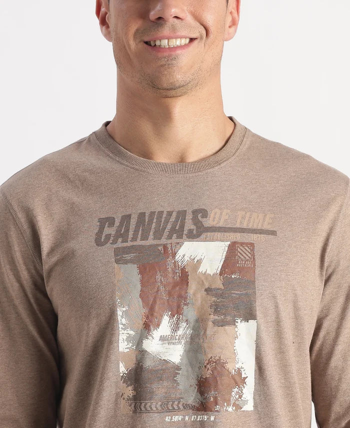 Super Combed Cotton Rich Graphic Printed Round Neck Full Sleeve T-Shirt - Brownie Melange