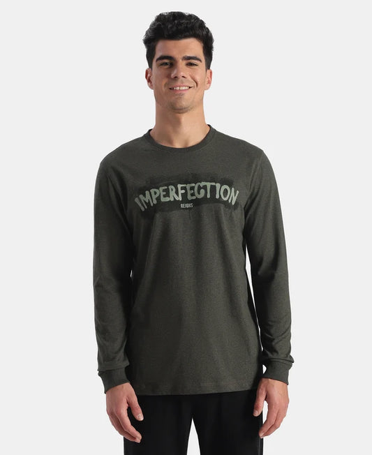 Super Combed Cotton Rich Graphic Printed Round Neck Full Sleeve T-Shirt - Olive Melange