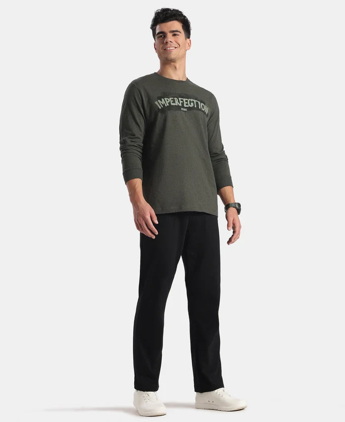 Super Combed Cotton Rich Graphic Printed Round Neck Full Sleeve T-Shirt - Olive Melange