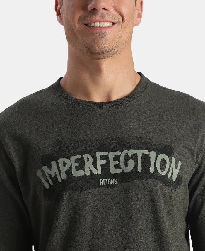 Super Combed Cotton Rich Graphic Printed Round Neck Full Sleeve T-Shirt - Olive Melange