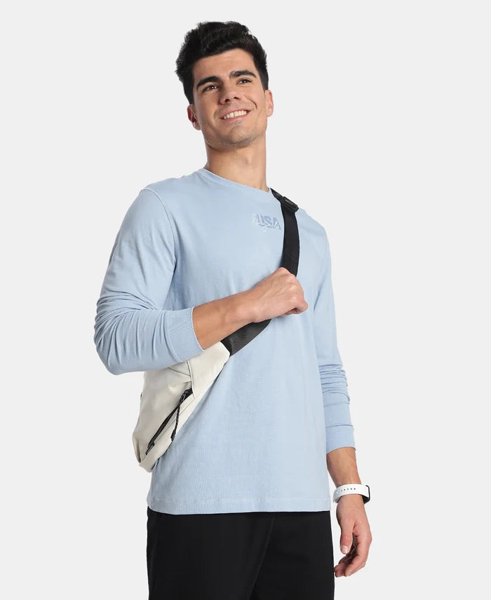 Super Combed Cotton Rich Graphic Printed Round Neck Full Sleeve T-Shirt - Soft Chambray