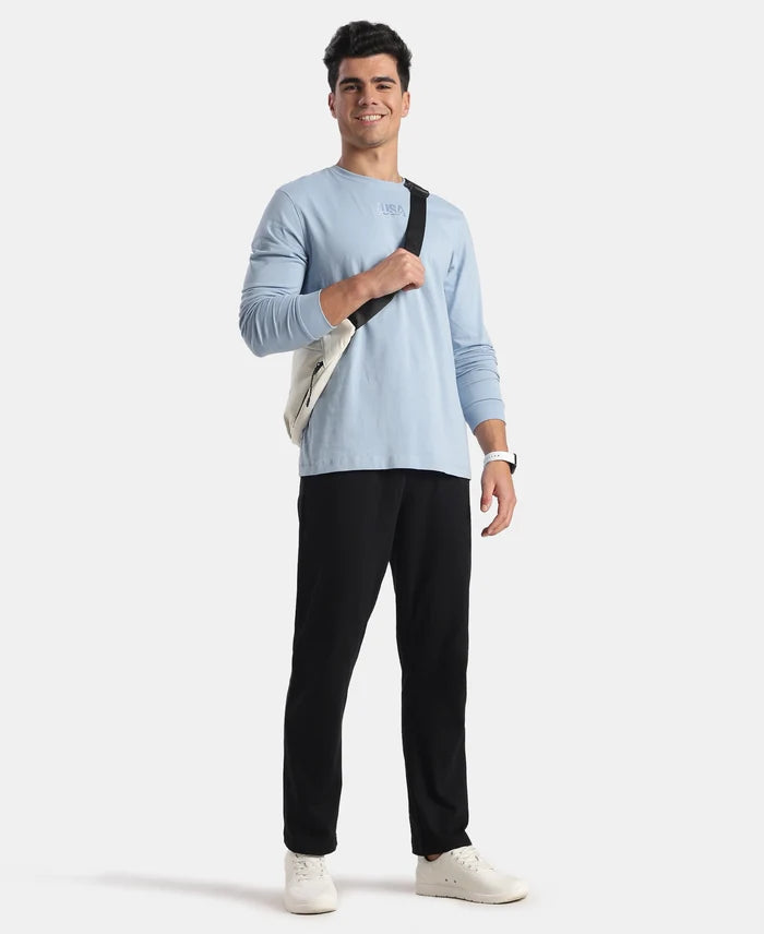 Super Combed Cotton Rich Graphic Printed Round Neck Full Sleeve T-Shirt - Soft Chambray