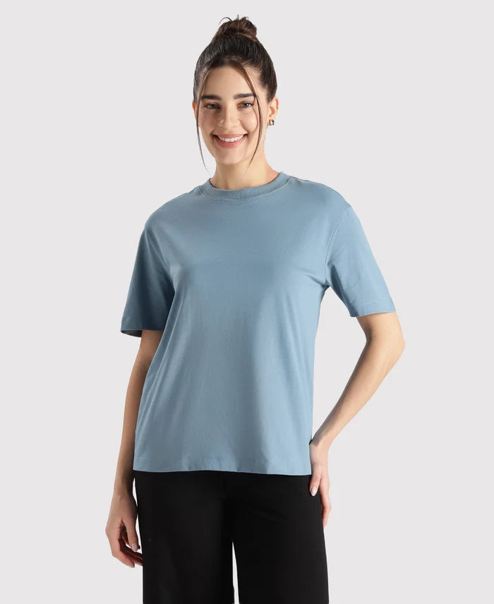 Super Combed Cotton Rich Oversized T-Shirt with Side Slits - Provincial Blue