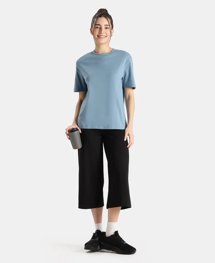 Super Combed Cotton Rich Oversized T-Shirt with Side Slits - Provincial Blue