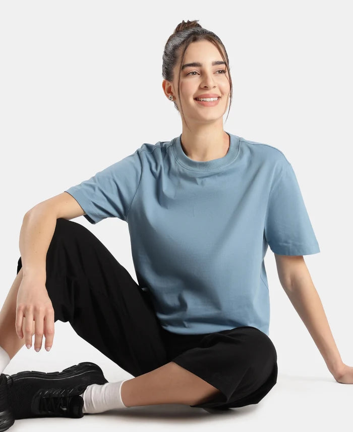 Super Combed Cotton Rich Oversized T-Shirt with Side Slits - Provincial Blue
