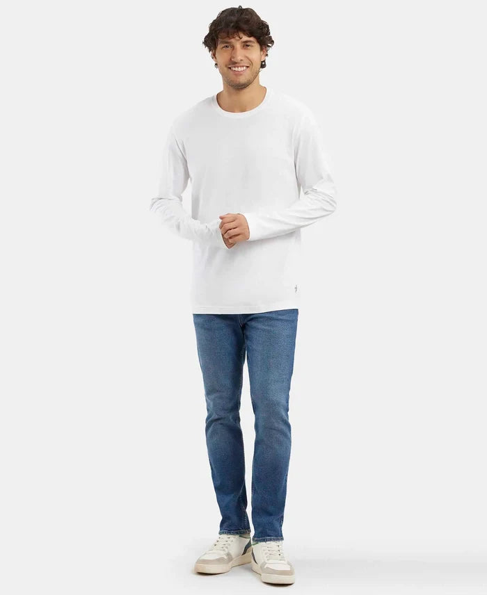 Super Combed Cotton Rich Solid Round Neck Full Sleeve T-Shirt - White-4