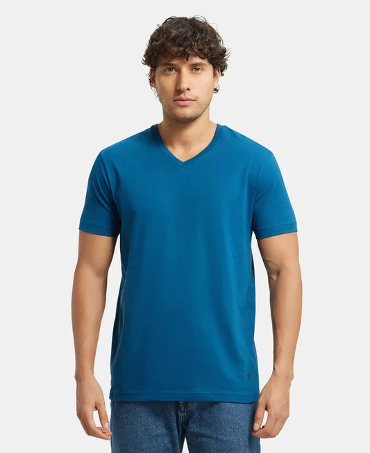 Super Combed Cotton Rich Solid V Neck Half Sleeve T-Shirt  - Seaport Teal-1