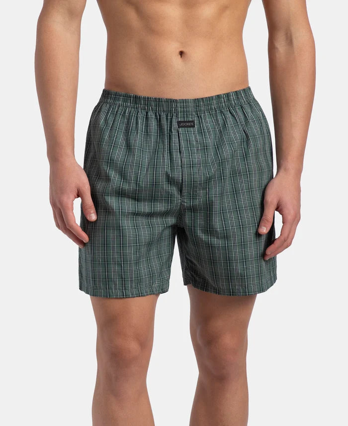Super Combed Mercerized Cotton Woven Checkered Boxer Shorts with Back Pocket - Dark Forest & Seaport Teal (Pack of 2)