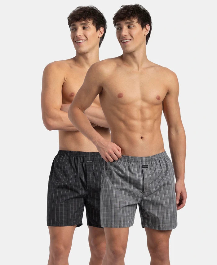 Super Combed Mercerized Cotton Woven Checkered Boxer Shorts with Back Pocket - Grey & Black New (Pack of 2)