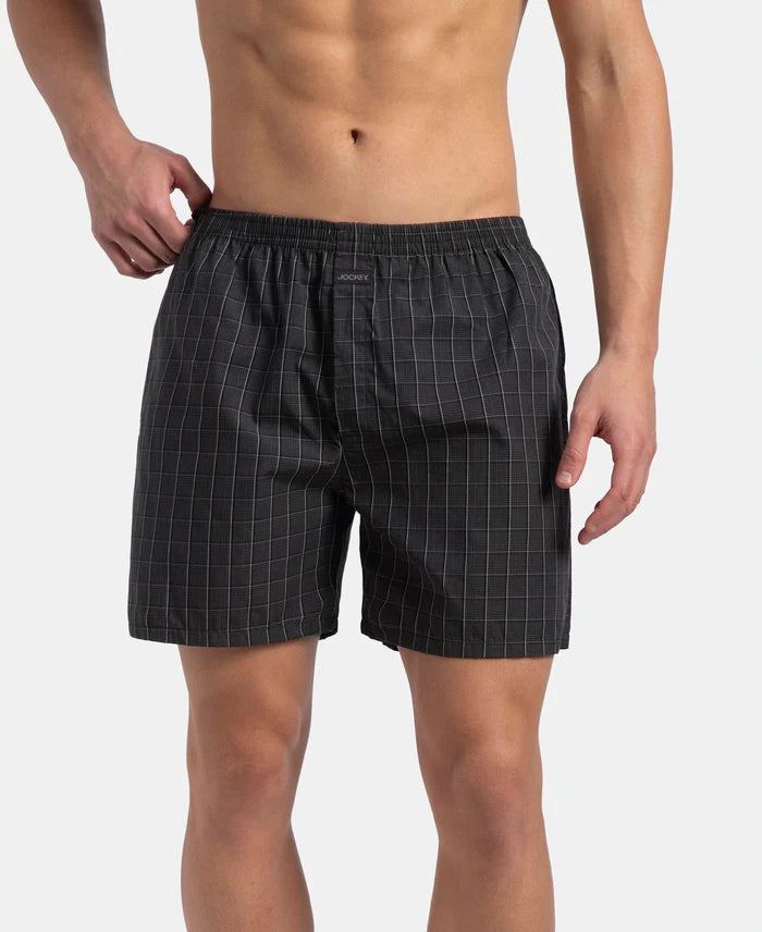 Super Combed Mercerized Cotton Woven Checkered Boxer Shorts with Back Pocket - Grey & Black New (Pack of 2)