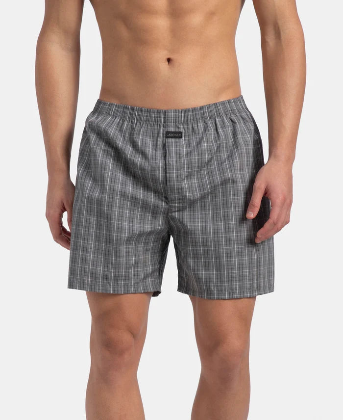 Super Combed Mercerized Cotton Woven Checkered Boxer Shorts with Back Pocket - Grey & Black New (Pack of 2)