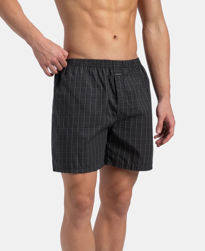 Super Combed Mercerized Cotton Woven Checkered Boxer Shorts with Back Pocket - Grey & Black New (Pack of 2)