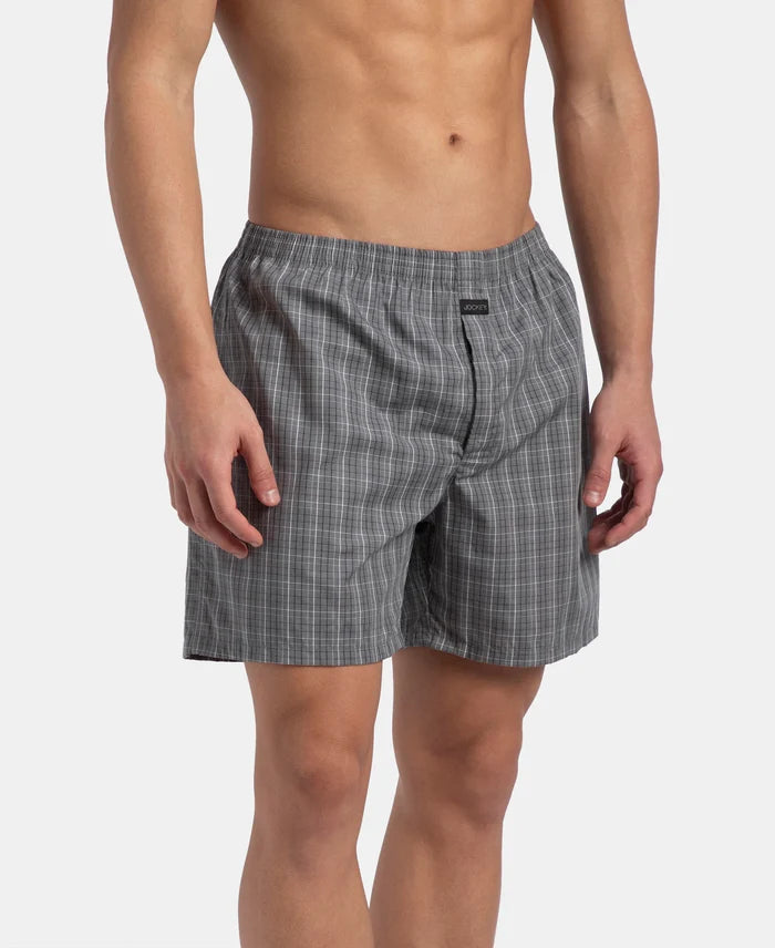 Super Combed Mercerized Cotton Woven Checkered Boxer Shorts with Back Pocket - Grey & Black New (Pack of 2)