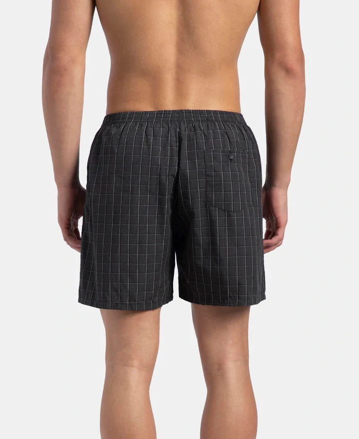 Super Combed Mercerized Cotton Woven Checkered Boxer Shorts with Back Pocket - Grey & Black New (Pack of 2)