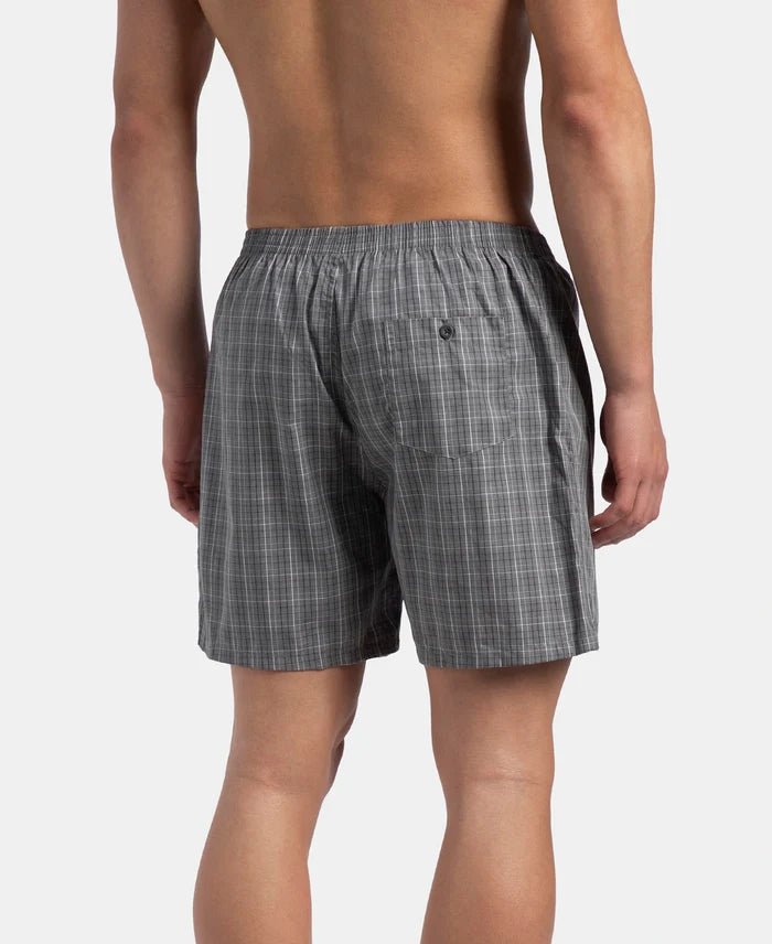 Super Combed Mercerized Cotton Woven Checkered Boxer Shorts with Back Pocket - Grey & Black New (Pack of 2)