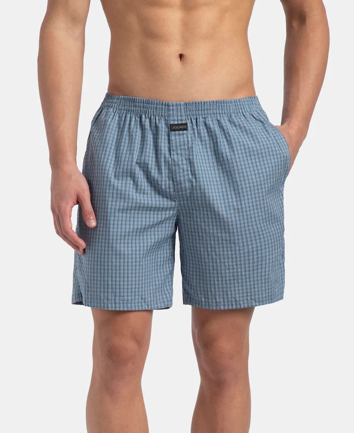 Super Combed Mercerized Cotton Woven Checkered Boxer Shorts with Back Pocket - Navy & Blue Shadow New (Pack of 2)