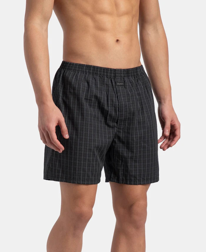 Super Combed Mercerized Cotton Woven Checkered Boxer Shorts with Back Pocket - Vintage Indigo & Black (Pack of 2)
