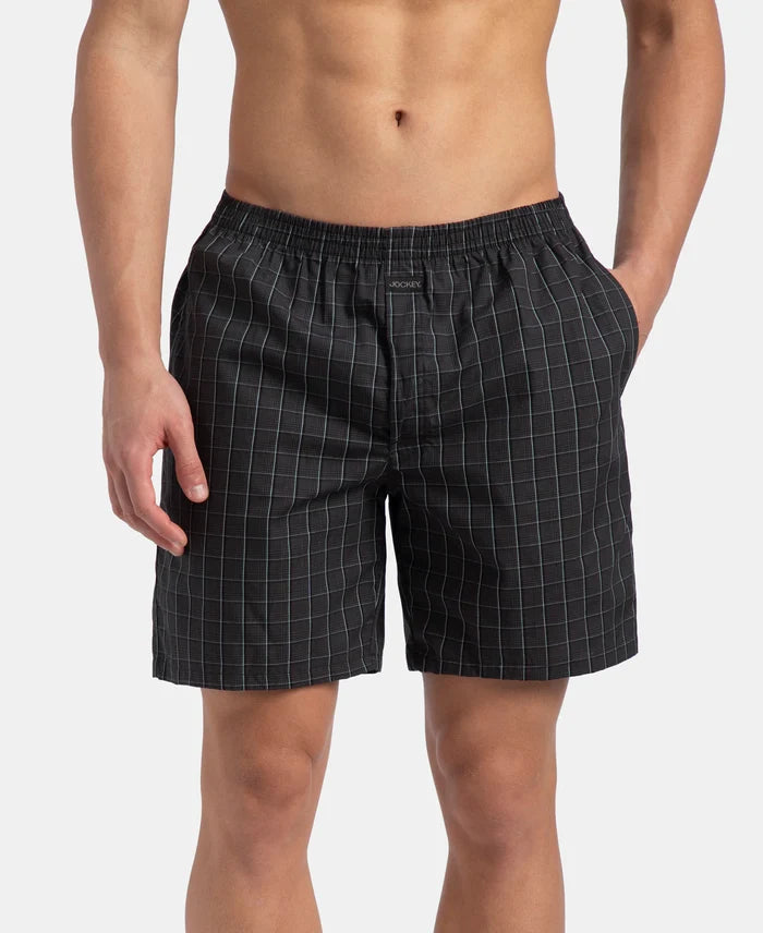 Super Combed Mercerized Cotton Woven Checkered Boxer Shorts with Side Pocket - Grey & Black (Pack of 2)