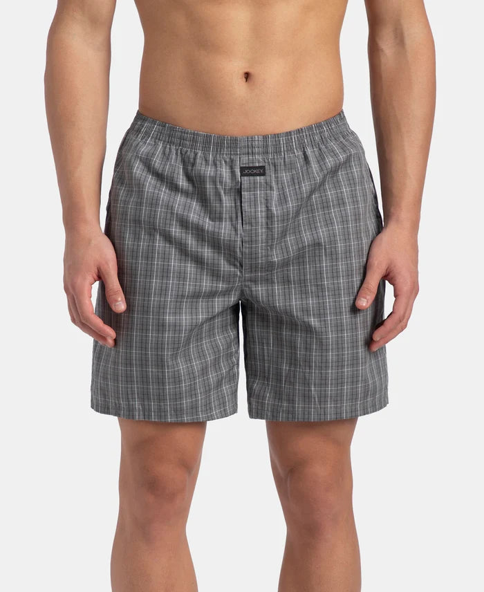 Super Combed Mercerized Cotton Woven Checkered Boxer Shorts with Side Pocket - Grey & Black (Pack of 2)