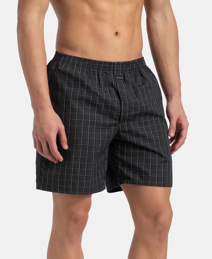 Super Combed Mercerized Cotton Woven Checkered Boxer Shorts with Side Pocket - Grey & Black (Pack of 2)
