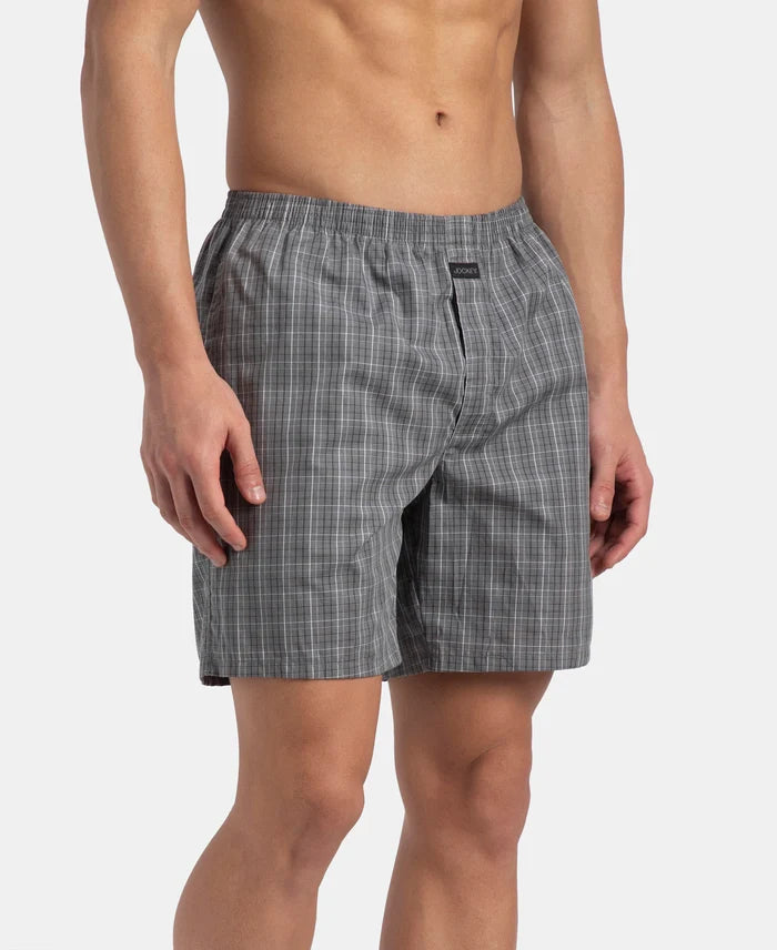 Super Combed Mercerized Cotton Woven Checkered Boxer Shorts with Side Pocket - Grey & Black (Pack of 2)